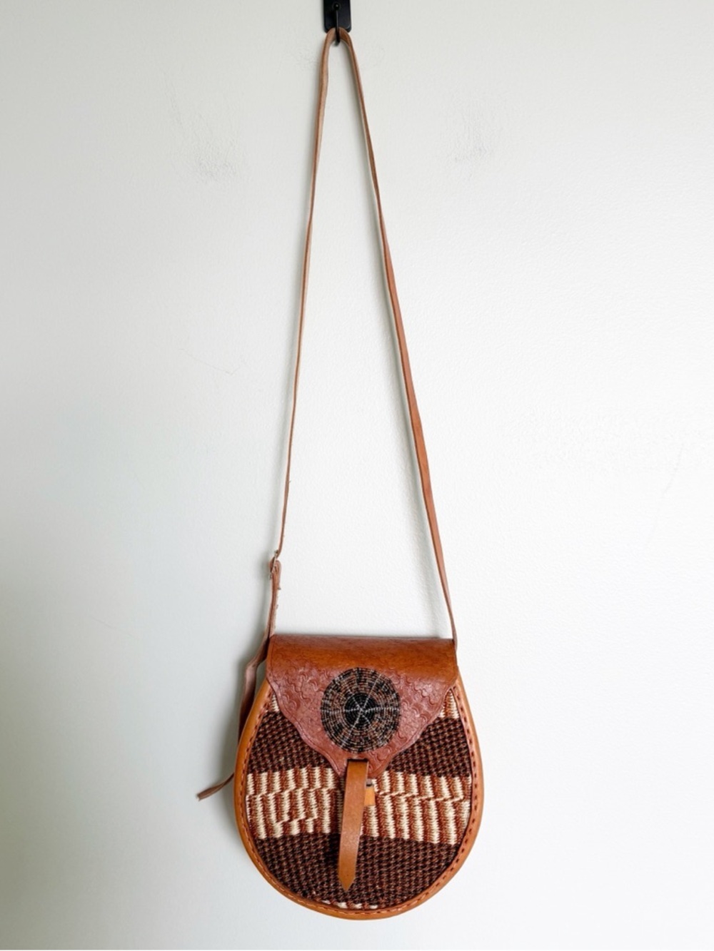 Vintage African Hand Woven Beaded Sisal Shoulder Strap Crossbody Leather Handbag